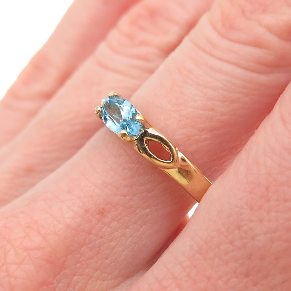 925 Sterling Silver Gold Plated Real Marquise-Cut Blue Topaz Ring Size 10