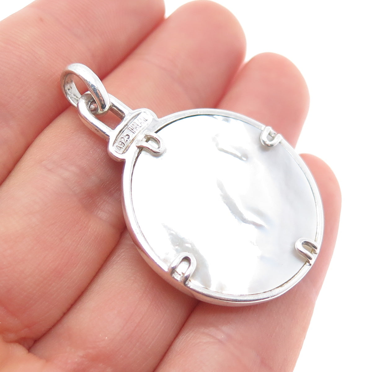 925 Sterling Silver Vintage Real MOP Flower Modernist Disc Pendant