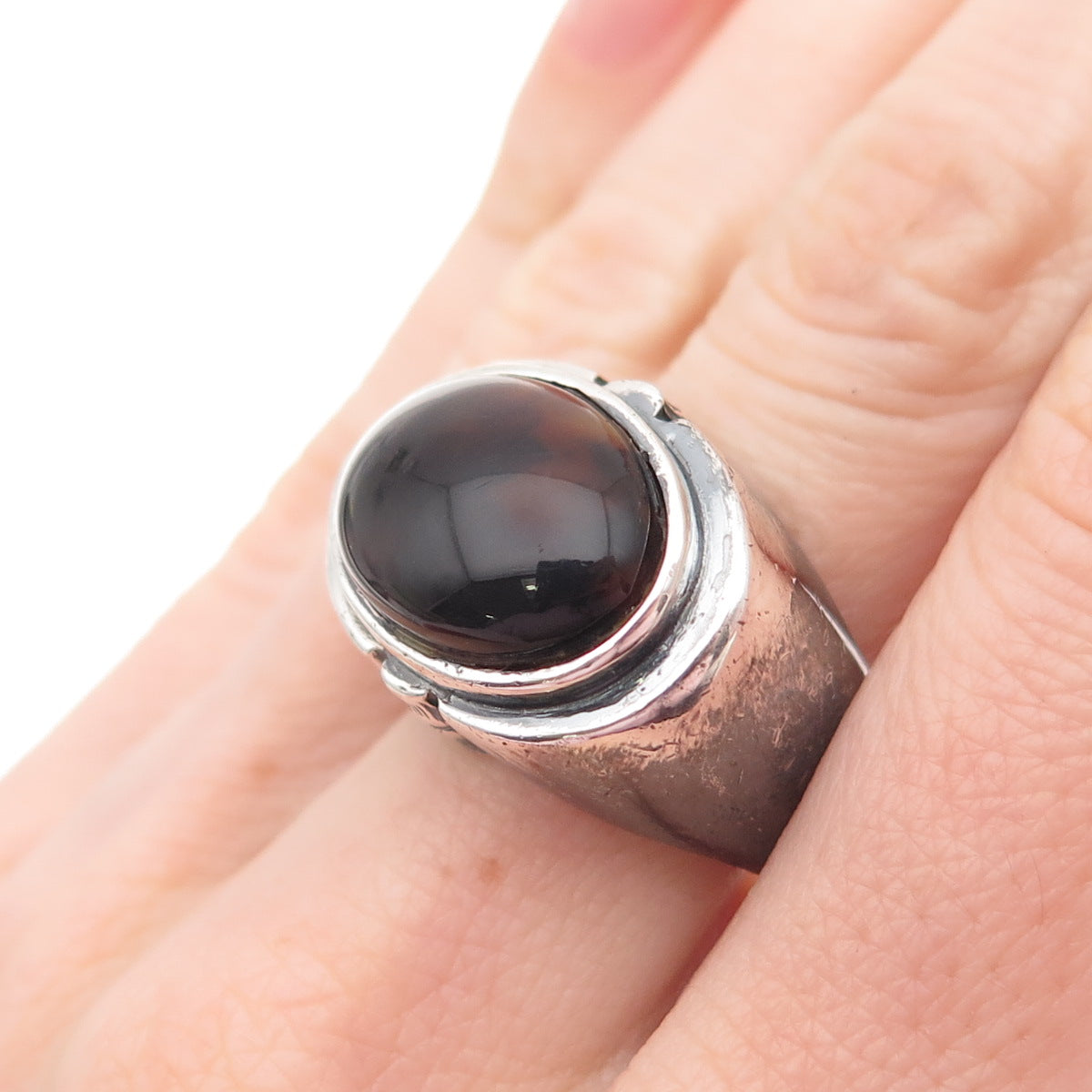 925 Sterling Silver Vintage Real Agate Modernist Oxidized Ring Size 7