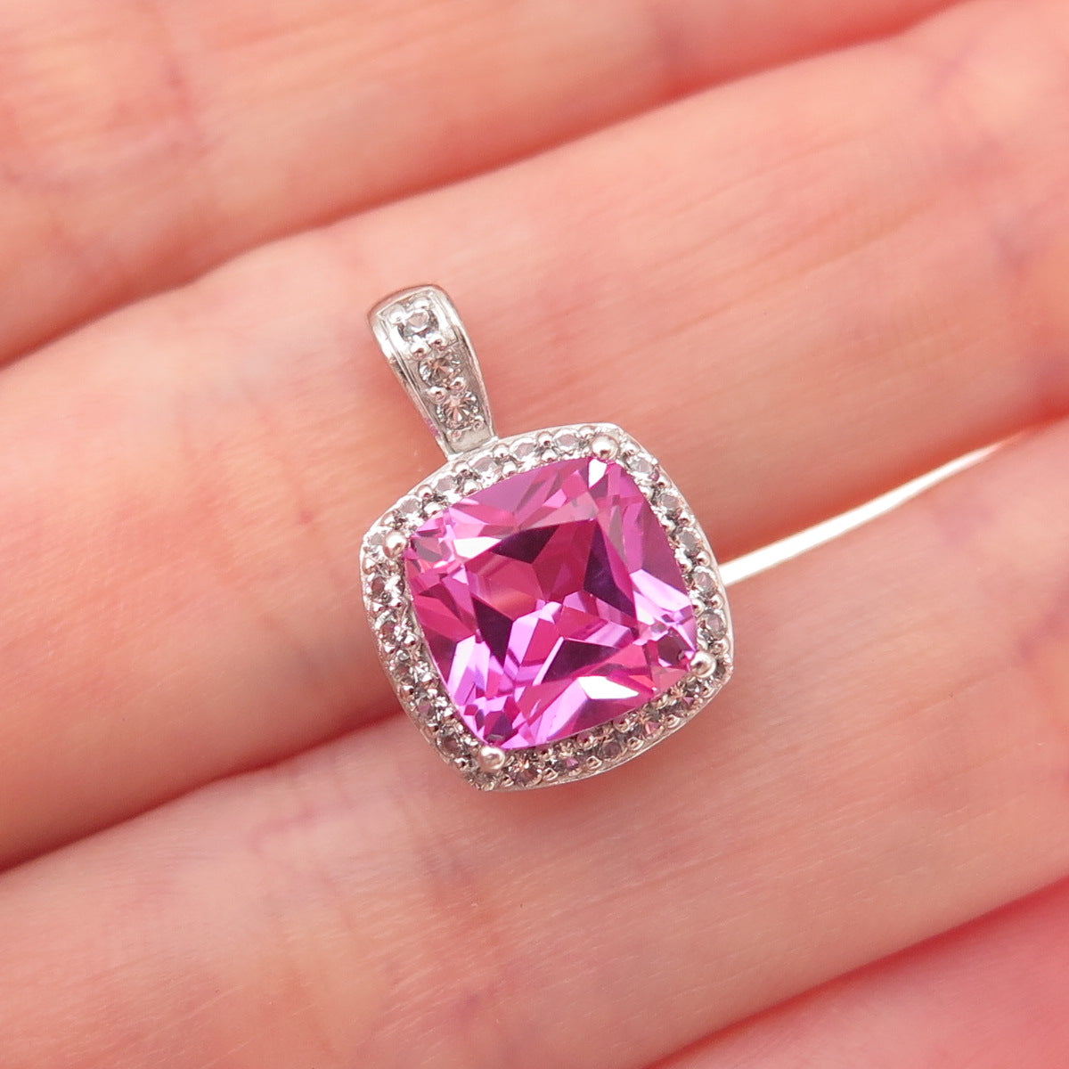 925 Sterling Silver Real White Topaz & Lab-Created Pink Sapphire Charm Pendant