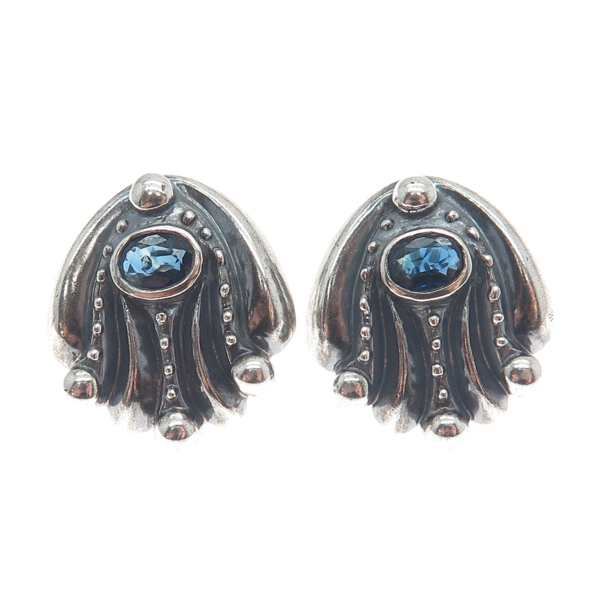 925 Sterling Silver Vintage Real Sapphire Modernist Oxidized Omega Back Earrings