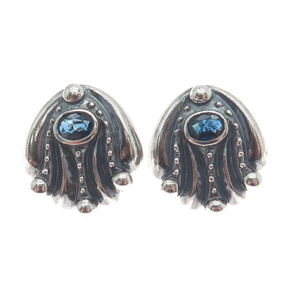 925 Sterling Silver Vintage Real Sapphire Modernist Oxidized Omega Back Earrings