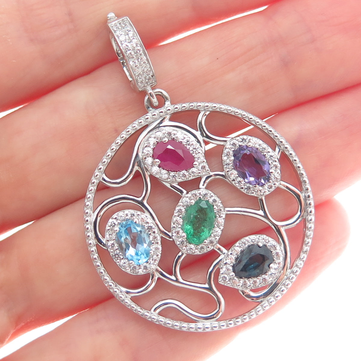 DSMK 925 Sterling Real Sapphire Ruby Blue & White Topaz Amethyst Emerald Pendant