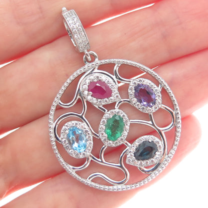 DSMK 925 Sterling Real Sapphire Ruby Blue & White Topaz Amethyst Emerald Pendant