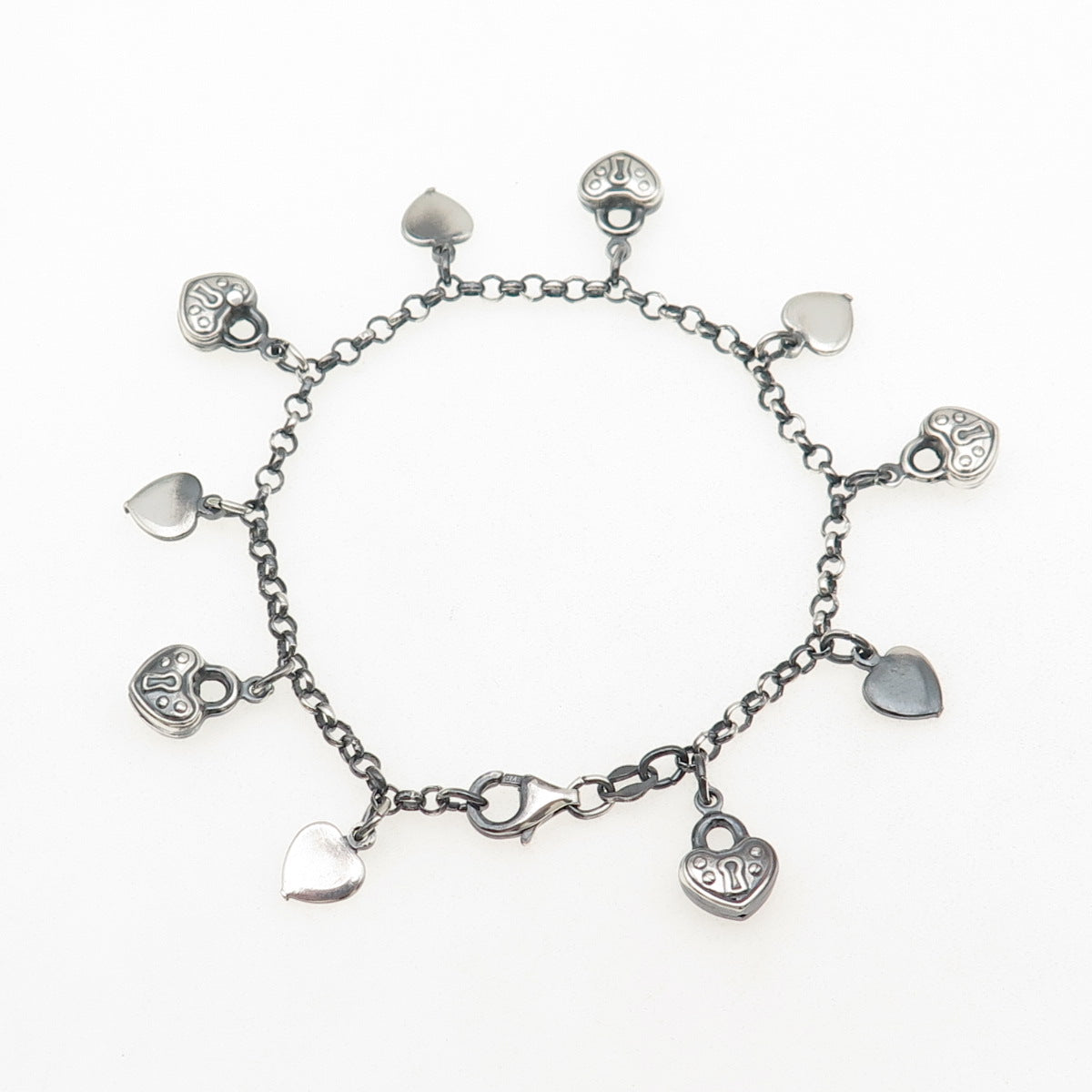925 Sterling Silver Vintage Italy Heart Lock Charm Rolo Link Bracelet 7"