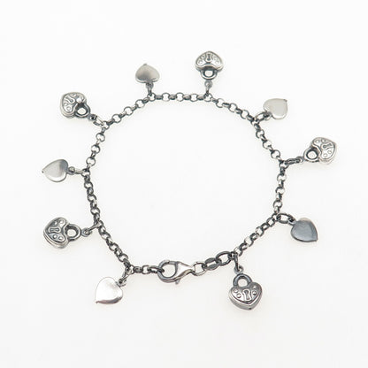 925 Sterling Silver Vintage Italy Heart Lock Charm Rolo Link Bracelet 7"