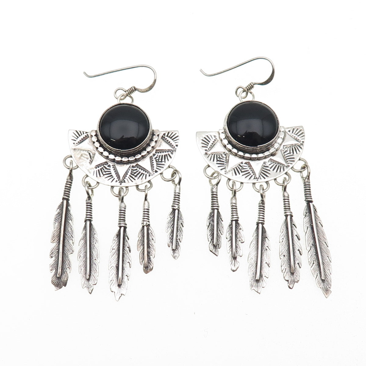 Jack Bly Kewa Old Pawn 925 Sterling Vintage Black Onyx Feather Dangle Earrings