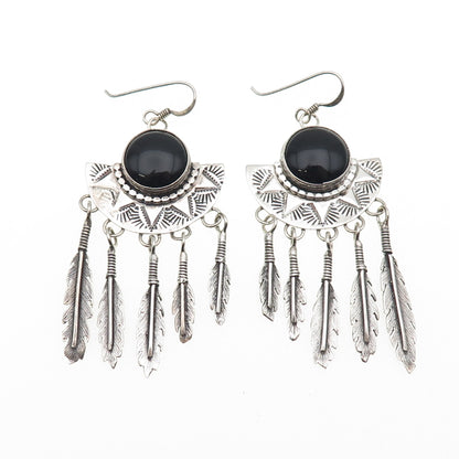 Jack Bly Kewa Old Pawn 925 Sterling Vintage Black Onyx Feather Dangle Earrings