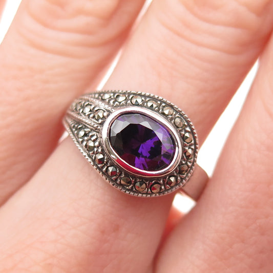 Chapal Zenray 925 Sterling Silver Vintage Real Amethyst Marcasite Ring Size 7.75
