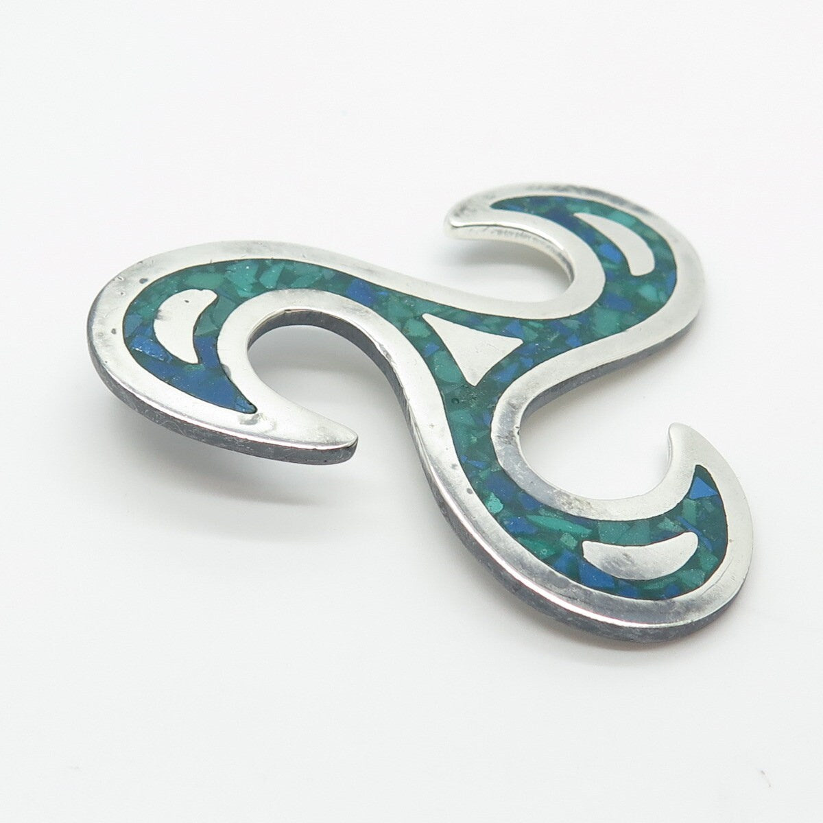 925 Sterling Silver Vintage Mexico Real Azurite Inlay Triskalion Celtic Pendant
