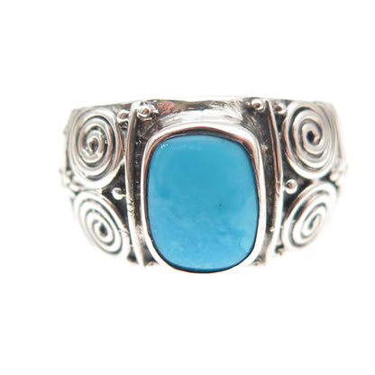 925 Sterling Silver Vintage Real Turquoise Spiral Oxidized Ring Size 6.75