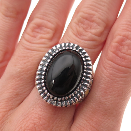 925 Sterling Silver Vintage Enamel Real Black Onyx & Marcasite Ring Size 8