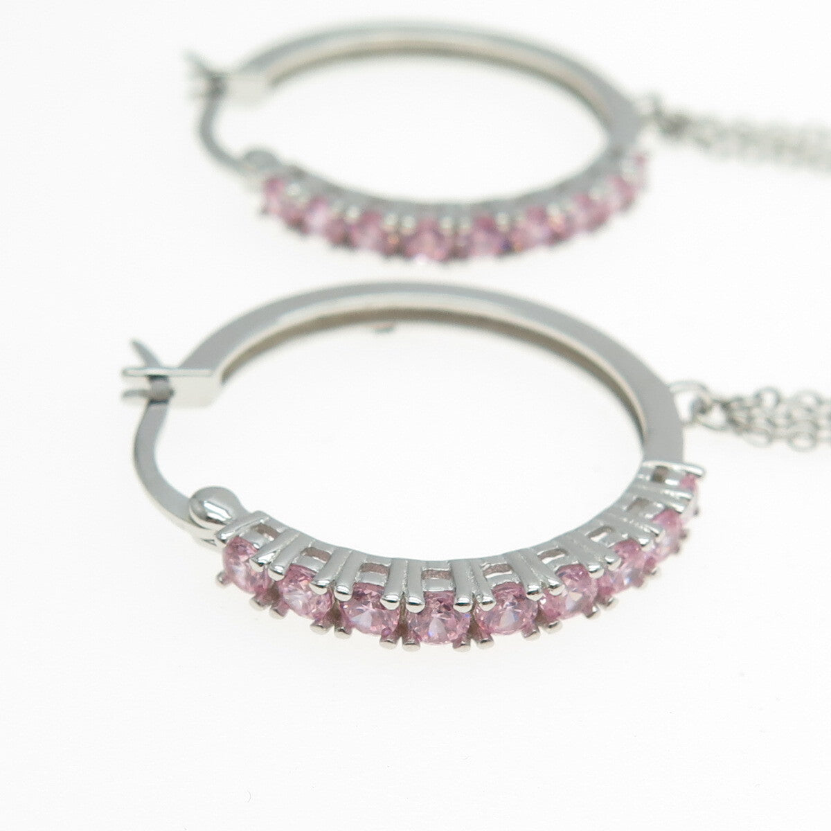 925 Sterling Silver Round-Cut Pink C Z Tassel Hoop Earrings