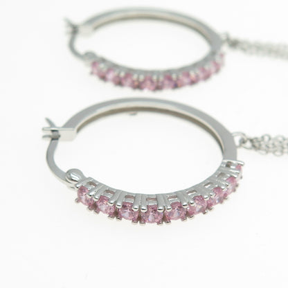 925 Sterling Silver Round-Cut Pink C Z Tassel Hoop Earrings