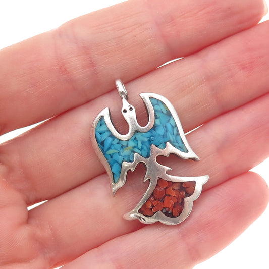 Old Pawn 925 Sterling Silver Vintage Turquoise Coral Inlay Peyote Charm Pendant