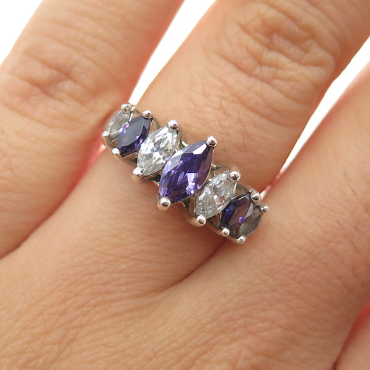 925 Sterling Silver Real Marquise-Cut Amethyst & C Z Ring Size 6