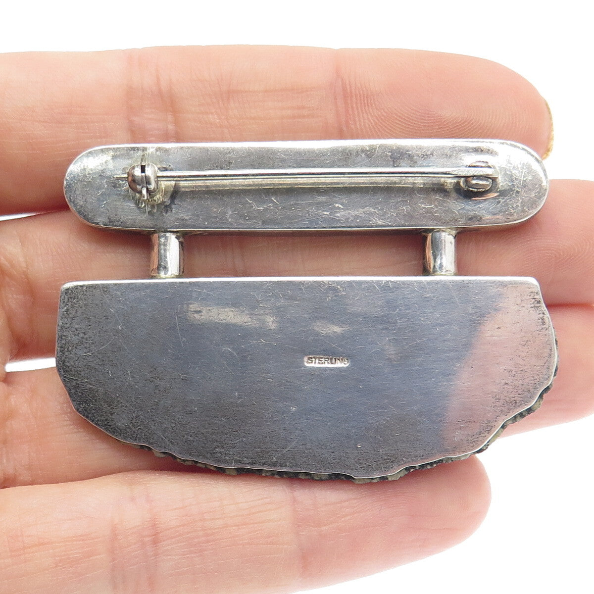 925 Sterling Silver Vintage Real Diorite Modernist Pin Brooch