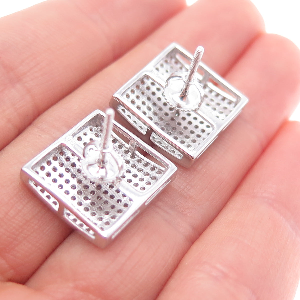 925 Sterling Silver Round-Cut C Z 15mm Square Stud Earrings