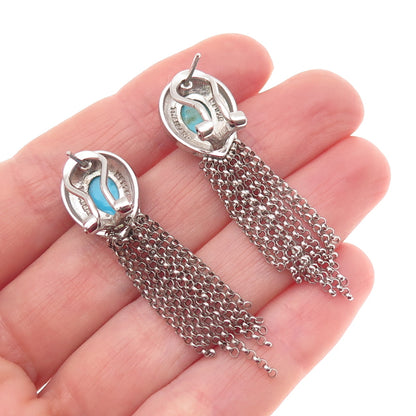 Chapal Zenray 925 Sterling Silver Real Turquoise Tassel Omega Back Earrings