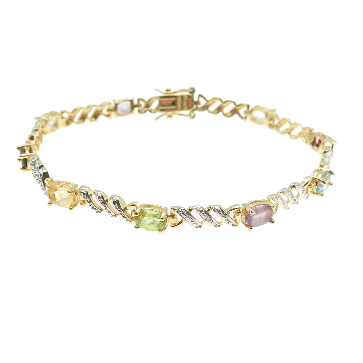 ROSS SIMONS 925 Sterling Silver 2-Tone Multi-Color Gem "X" Link Bracelet 7.25"