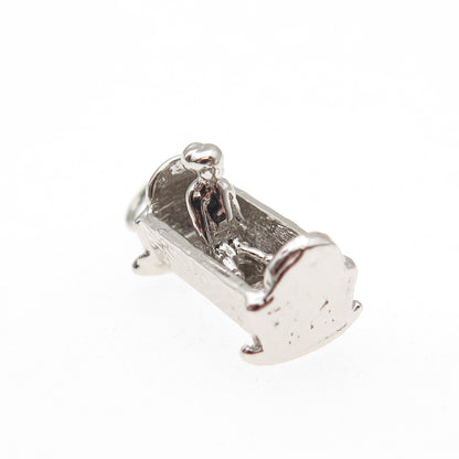 925 Sterling Silver Vintage Baby Rocking Cradle 3D Mini Charm Pendant