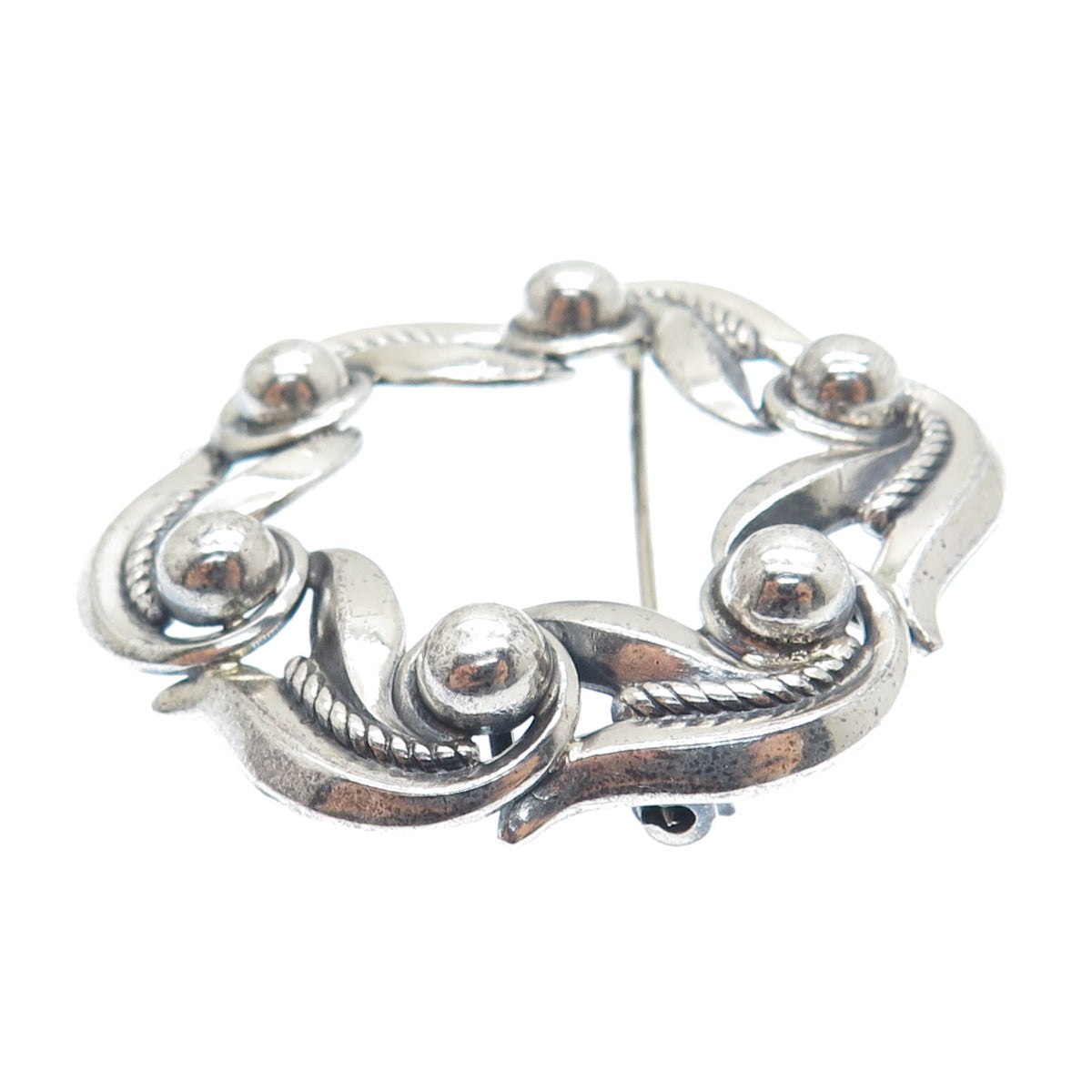 DANECRAFT 925 Sterling Silver Antique Art Deco Floral Circle Oxidized Pin Brooch