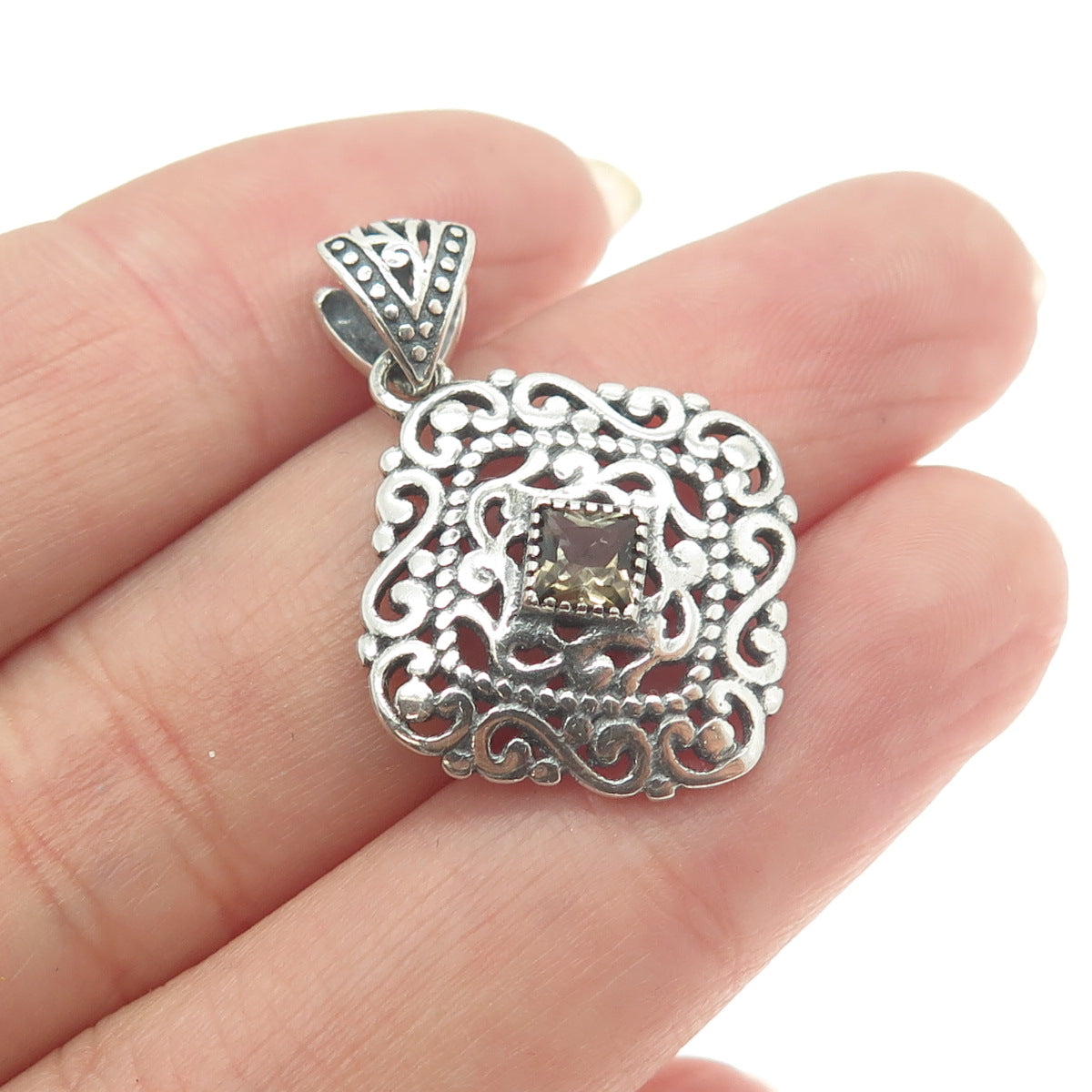 BERIA 925 Sterling Silver Princess-Cut Smoky Quartz Ornate Square Pendant