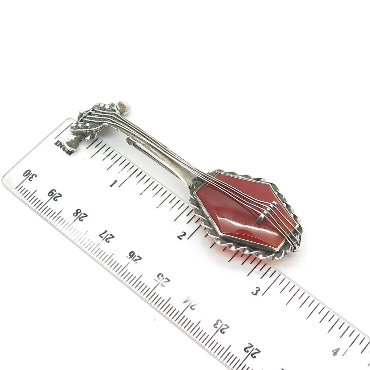 925 Sterling Silver Vintage Real Carnelian Banjo Musical Instrument Pin Brooch