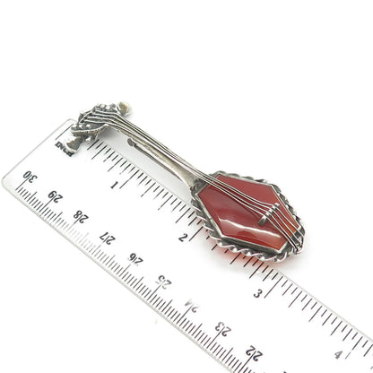 925 Sterling Silver Vintage Real Carnelian Banjo Musical Instrument Pin Brooch
