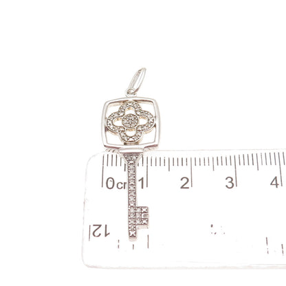 925 Sterling Silver Real Round-Cut Diamond Floral Key Charm Pendant