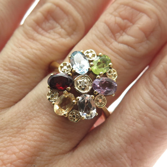 925 Sterling Silver Gold Plated Real Diamond Accent Multi-Color Gem Ring Size 7