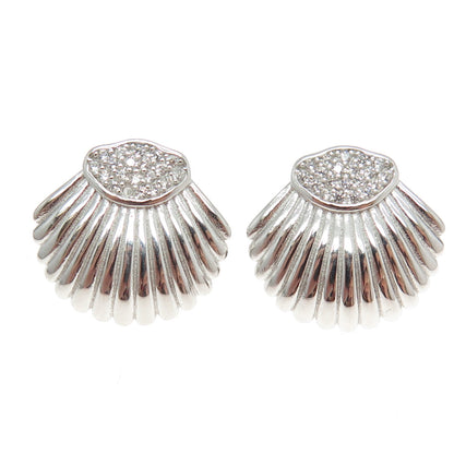 925 Sterling Silver Pave C Z Seashell Stud Earrings