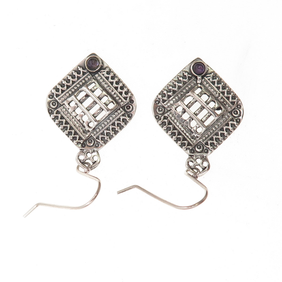 925 Sterling Silver Vintage Real Amethyst Modernist Oxidized Dangle Earrings