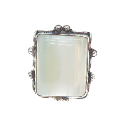 925 Sterling Silver Vintage Real White Agate Gem Oxidized Ring Size 7.75