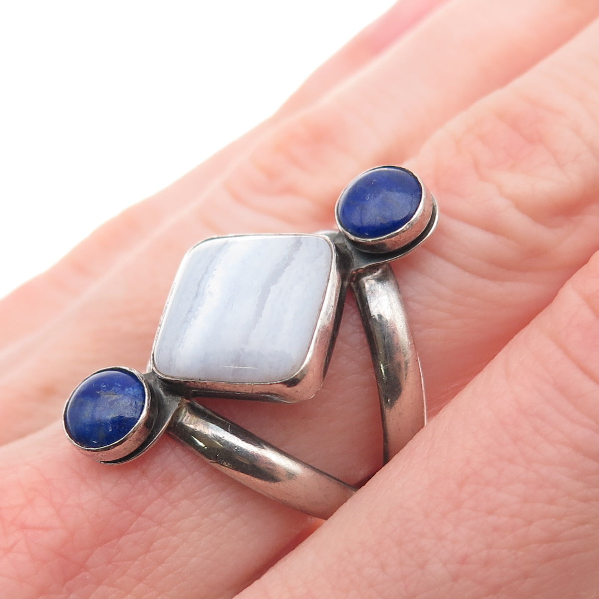 Jay King Desert Rose 925 Sterling Silver Vintage Real Agate & Lapis Ring Size 7