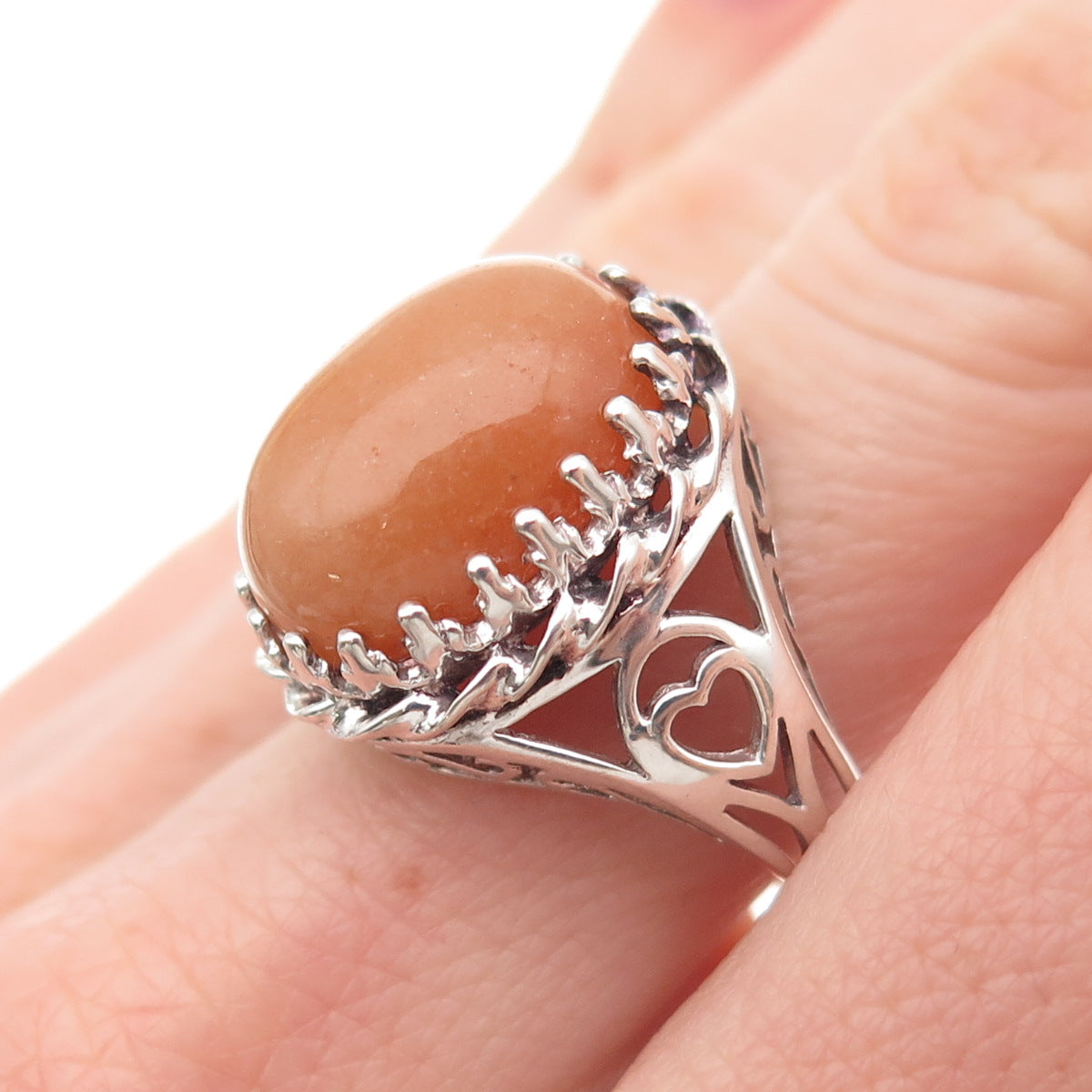 925 Sterling Silver Vintage Real Peach Aventurine Crown Heart Ring Size 8
