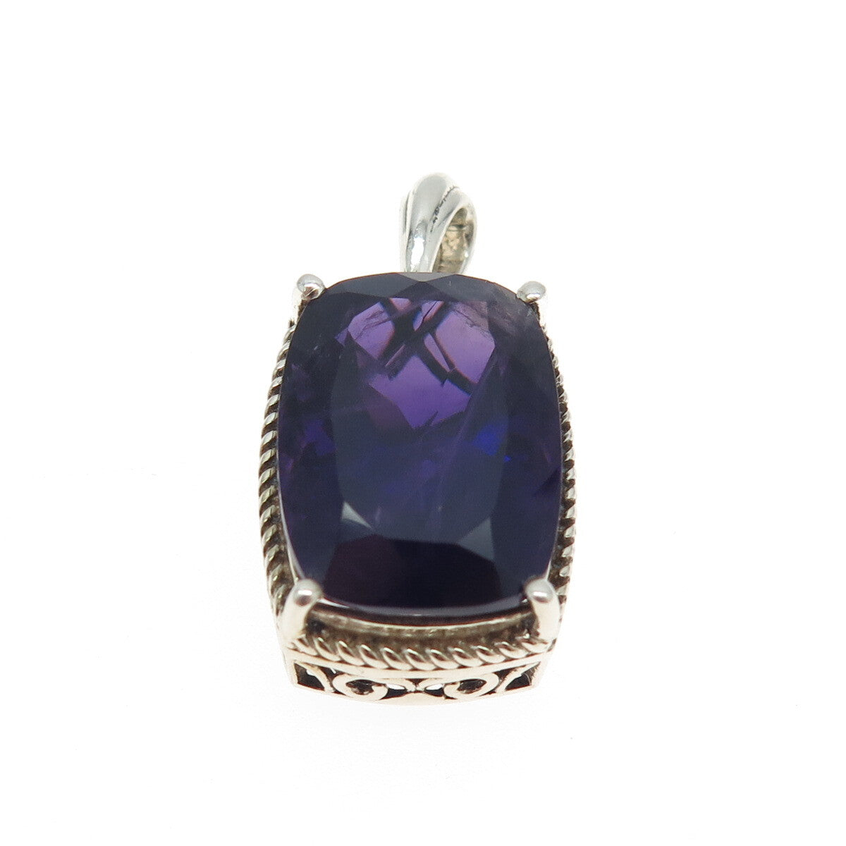 925 Sterling Silver Real Elongated Cushion-Cut Amethyst Pendant