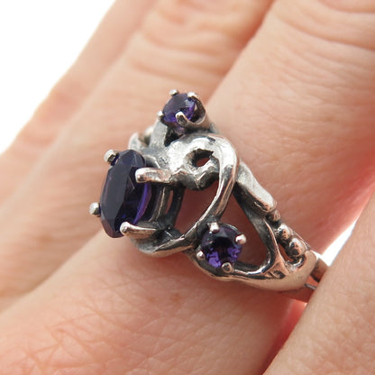 925 Sterling Silver Vintage Real Amethyst Modernist Oxidized Ring Size 8