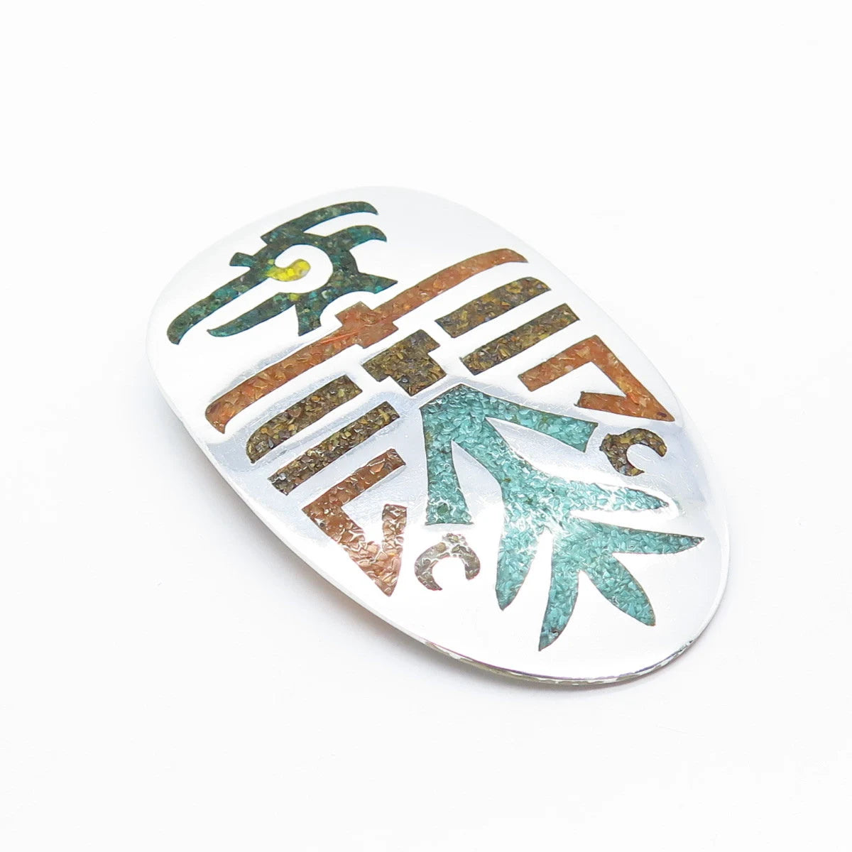 925 Sterling Silver Vintage Artesanos Real Turquoise Gem Inlay Tribal Pin Brooch