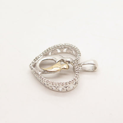 925 Sterling Silver / 10K Gold Real Diamond Mother & Baby Heart Pendant