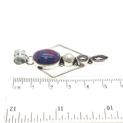 925 Sterling Silver Vintage Purple Turquoise Amethyst & Pearl Modernist Pendant