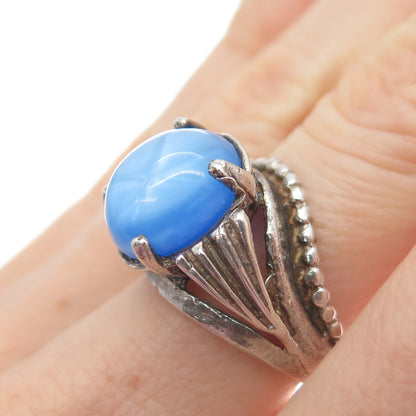 925 Sterling Silver Vintage Star Sapphire Imitation Modernist Ring Size 6.75