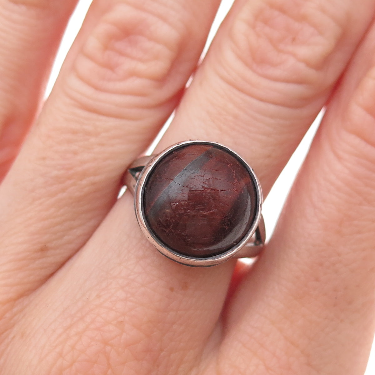 925 Sterling Silver Vintage Real Tiger Iron Modernist Oxidized Ring Size 7.5