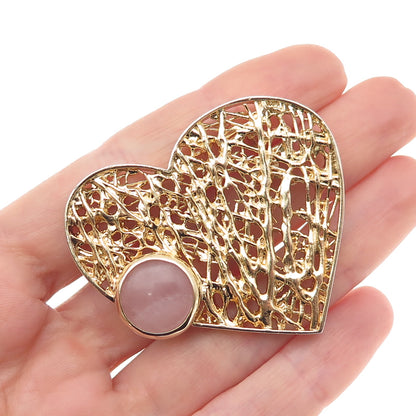 925 Sterling Silver Gold Plated Real Rose Quartz Modernist Heart Slide Pendant