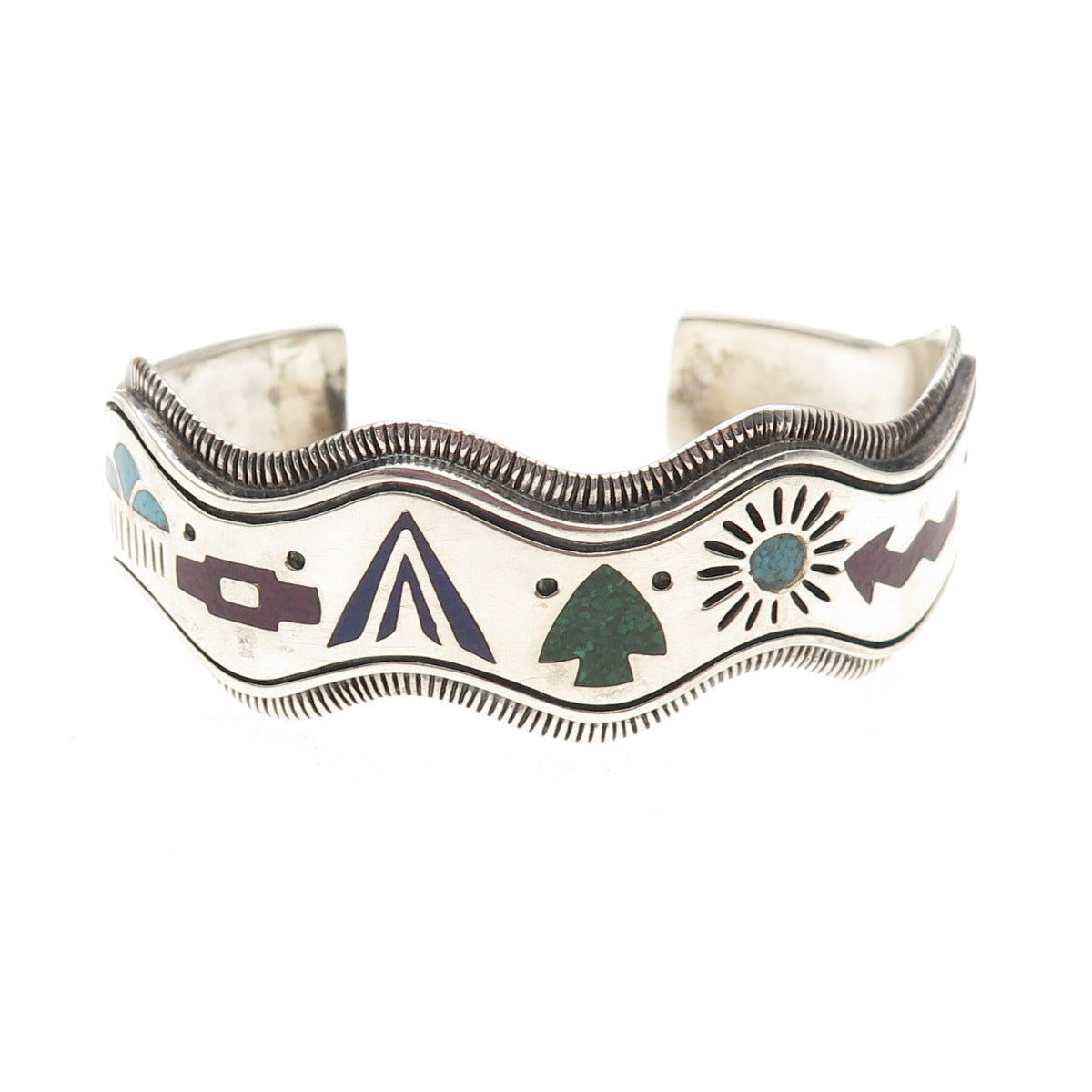 CAROLYN POLLACK Old Pawn Sterling Vintage Multi-Gem Inlay Adjustable Bracelet 6"