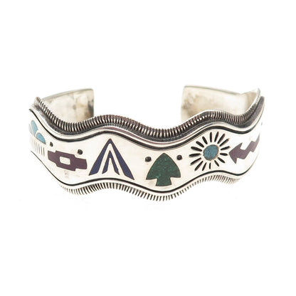 CAROLYN POLLACK Old Pawn Sterling Vintage Multi-Gem Inlay Adjustable Bracelet 6"