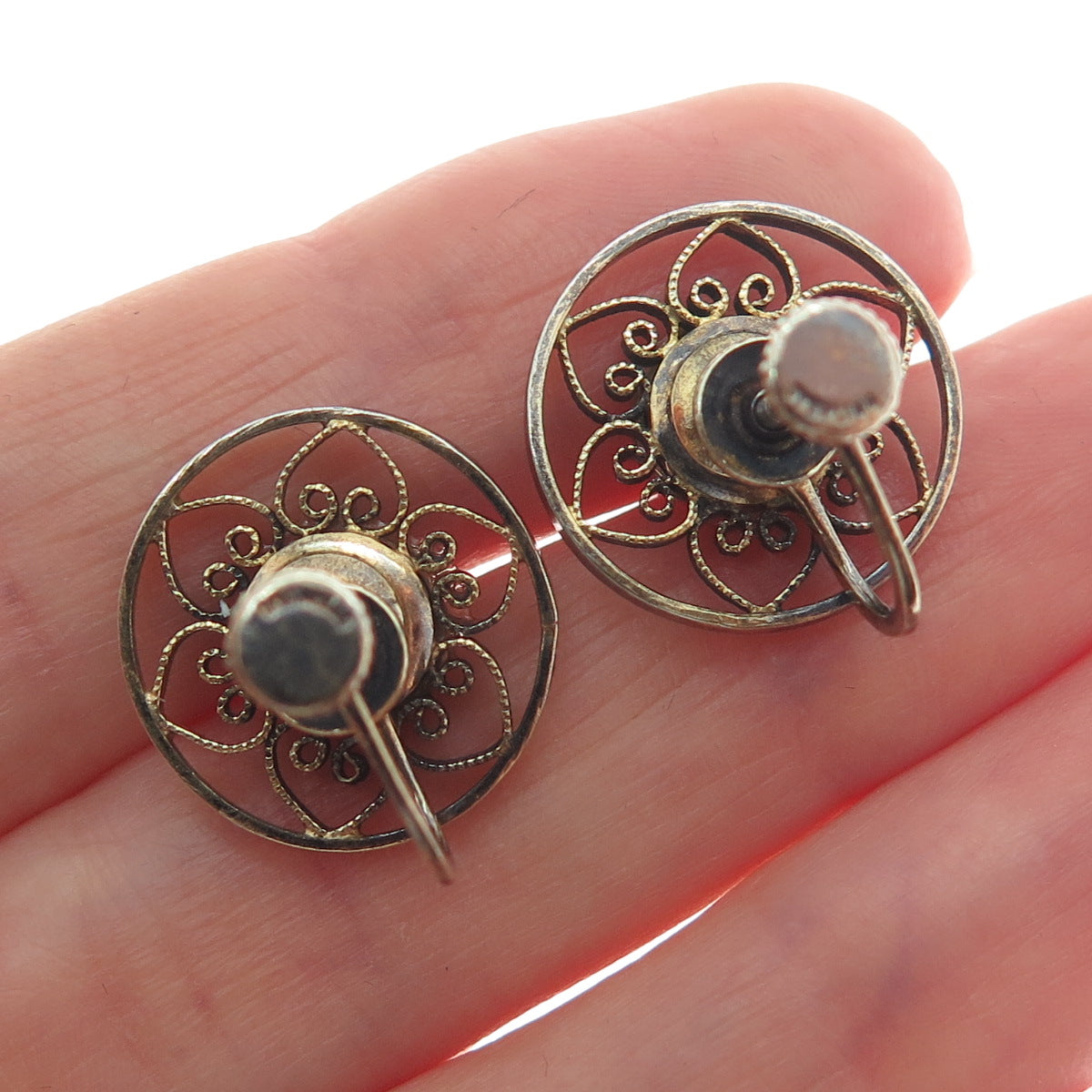 925 Sterling Silver Gold Plated Antique Real Agate Filigree Screw Back Earrings