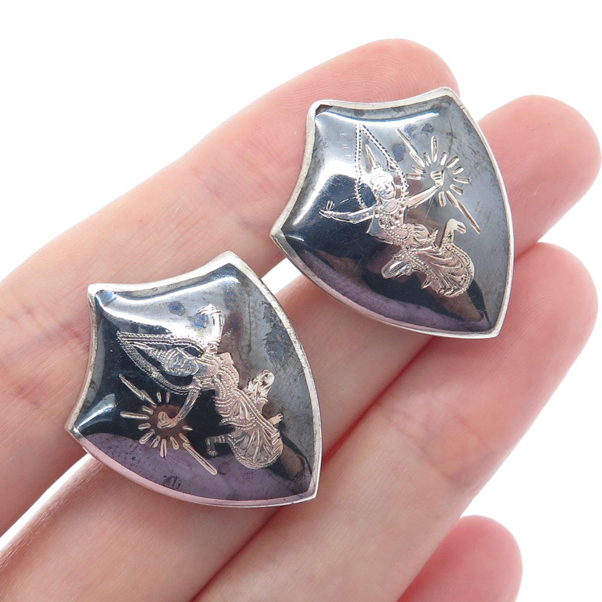 AMFARCO 925 Sterling Silver Antique Siam Niello Hindu Goddess Oxidized Earrings