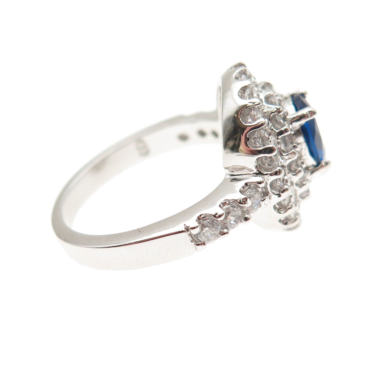925 Sterling Silver Oval-Cut Blue & Round-Cut White C Z Ring Size 6
