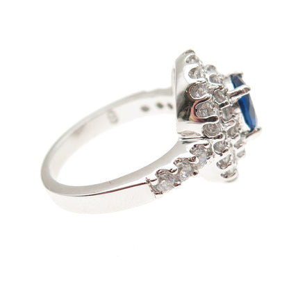925 Sterling Silver Oval-Cut Blue & Round-Cut White C Z Ring Size 6